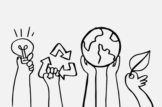Dibujo de manos que sostienen iconos relacionados con la sostenibilidad (bombilla, reciclaje, planeta, hoja)